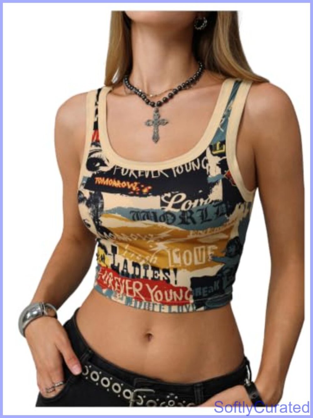 Y2K Graphic Print Tight Sleeveless Square Neck Crop Tank Top Clubwear